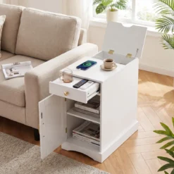 2er Set Nachttisch mit Ladestation Beistelltisch mit Verstellbarem Regal Holz Nachtschrank Weiß