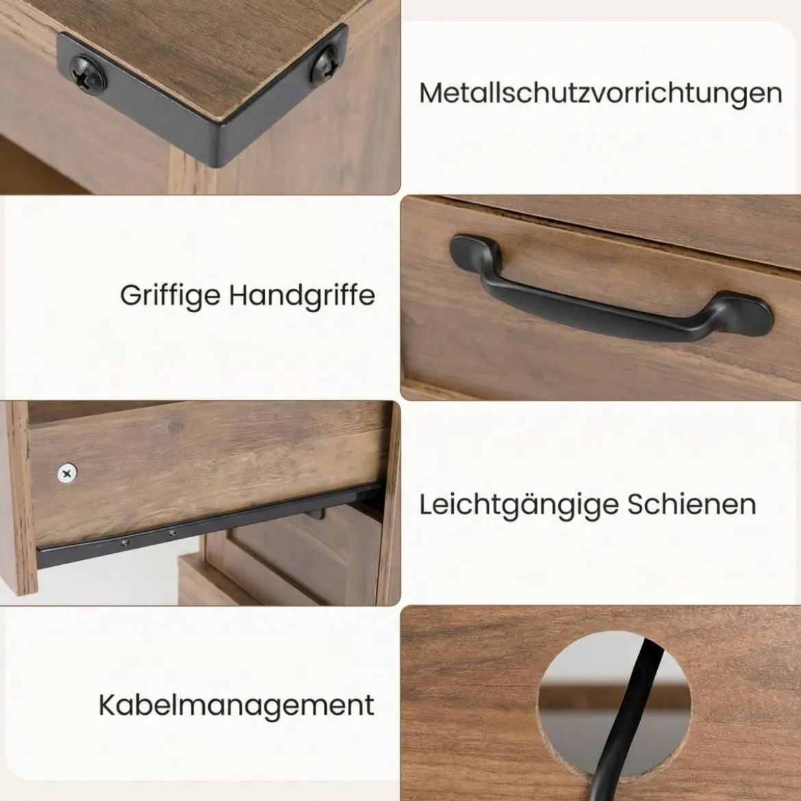 2er Set Nachttisch mit Ladestation Schmaler Beistelltisch mit Ablagefach & 2 Schubladen Braun