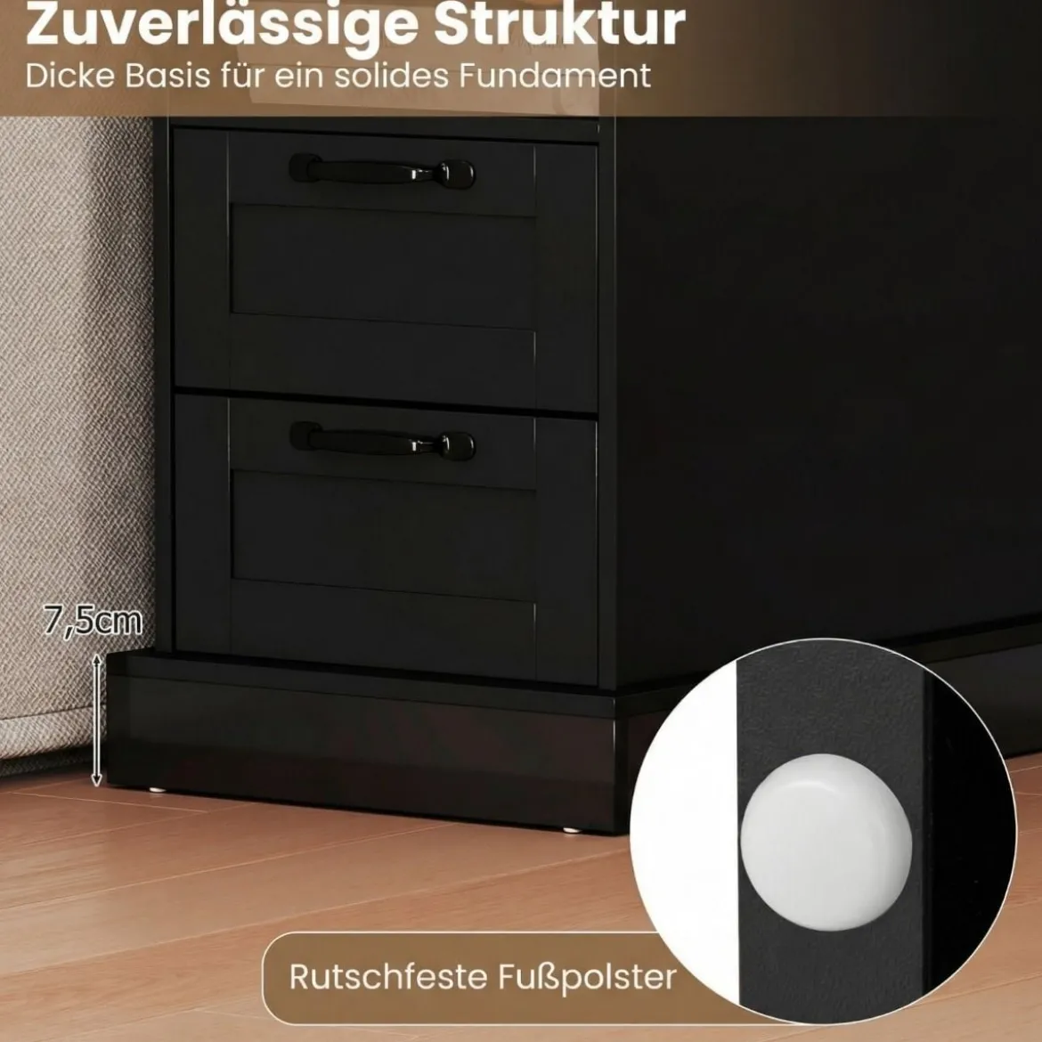 2er Set Nachttisch mit Ladestation Schmaler Beistelltisch mit Ablagefach & 2 Schubladen Schwarz