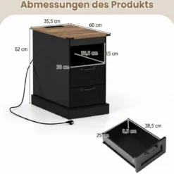 2er Set Nachttisch mit Ladestation Schmaler Beistelltisch mit Ablagefach & 2 Schubladen Schwarz