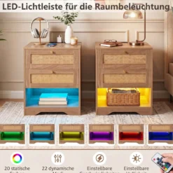 2er Set Nachttisch mit LED-Lichtern und Ladestation Beistelltisch Ratten mit Offenem Fach