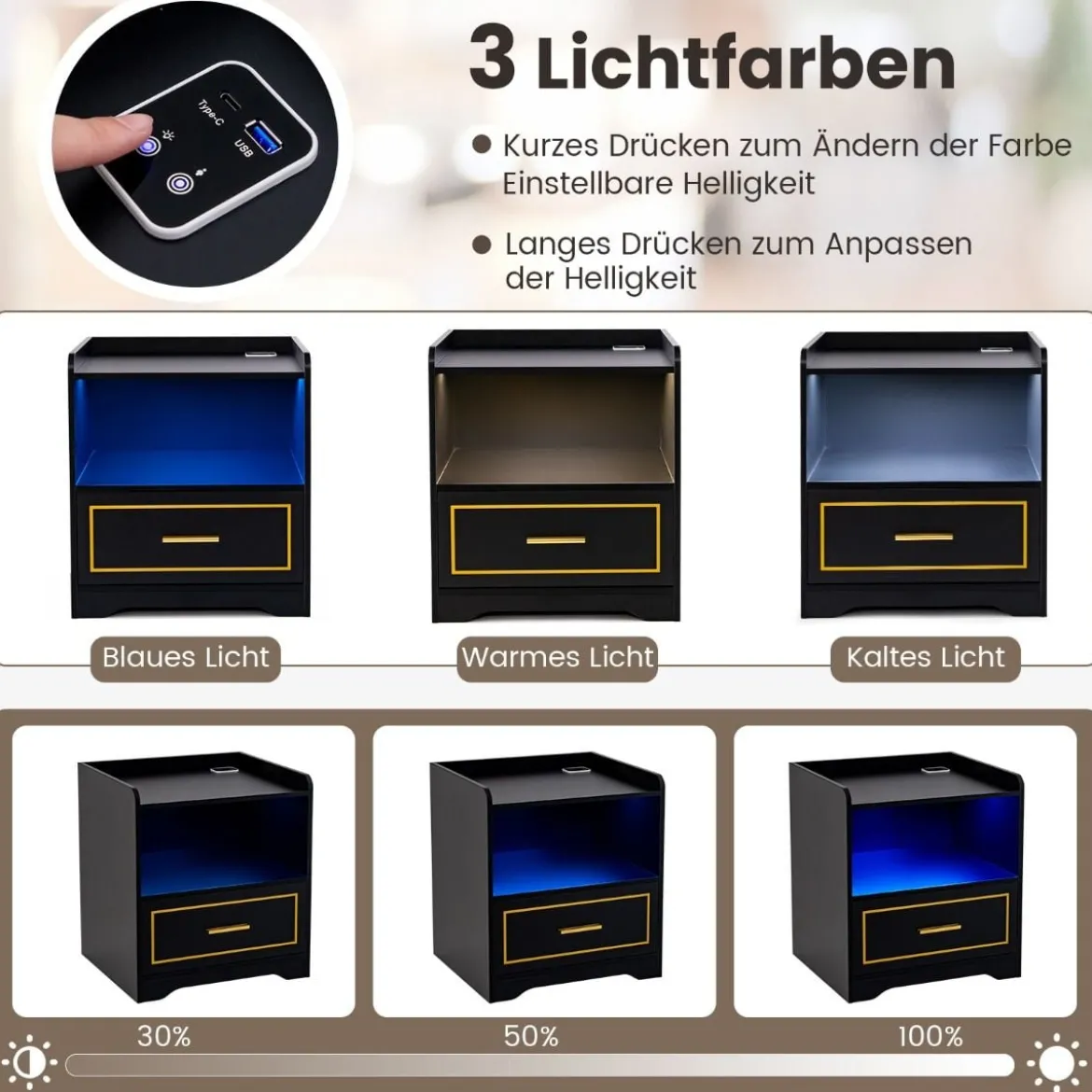 2er Set Nachttisch mit LED Licht USB-Anschluss und Typ-C-Ladestation Nachtschrank mit Bewegungssensor Schwarz