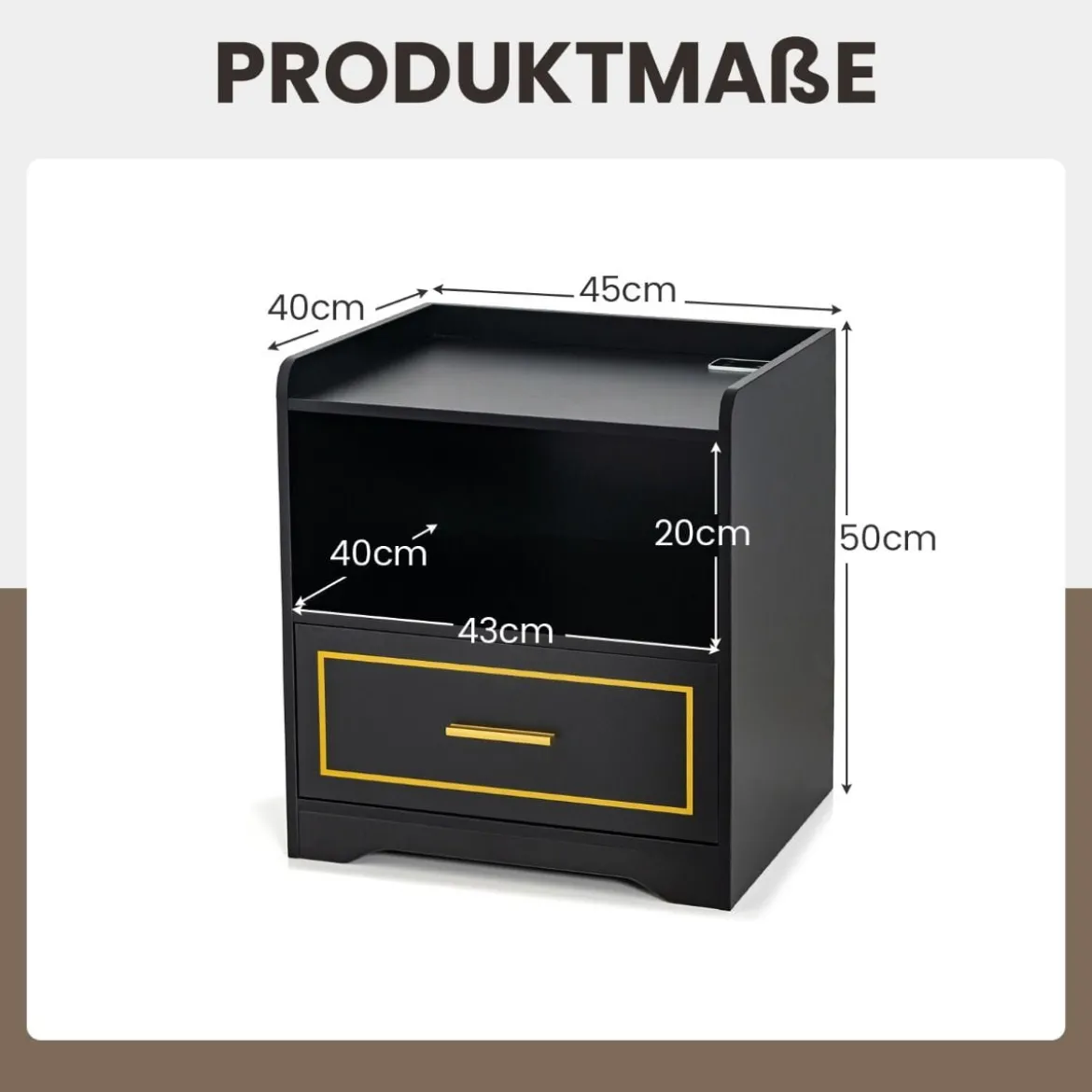 2er Set Nachttisch mit LED Licht USB-Anschluss und Typ-C-Ladestation Nachtschrank mit Bewegungssensor Schwarz