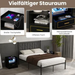 2er Set Nachttisch mit LED Licht USB-Anschluss und Typ-C-Ladestation Nachtschrank mit Bewegungssensor Schwarz