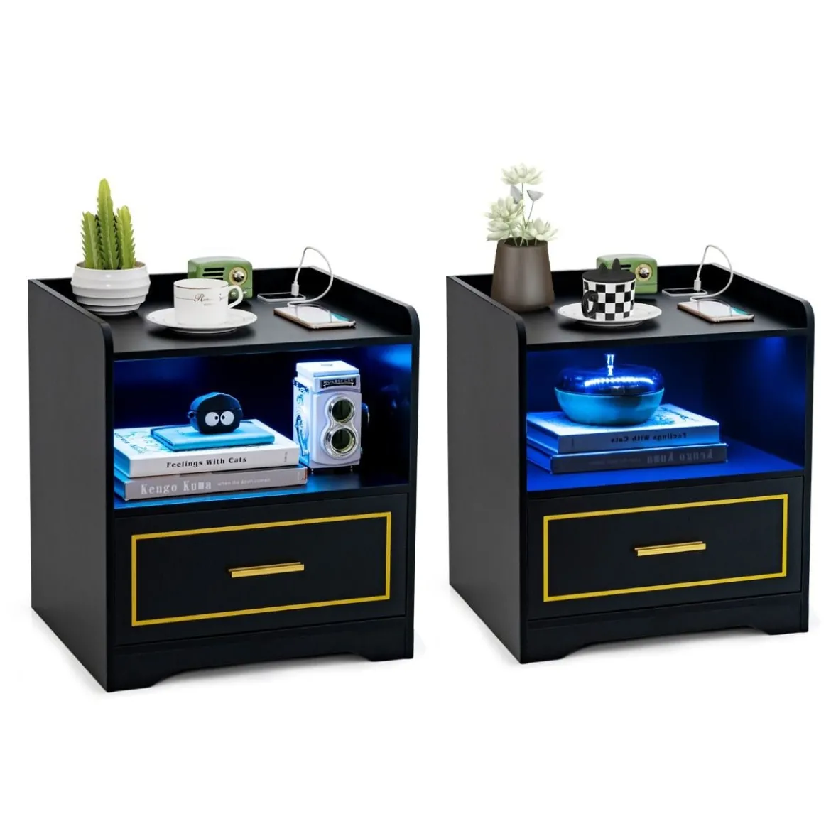 2er Set Nachttisch mit LED Licht USB-Anschluss und Typ-C-Ladestation Nachtschrank mit Bewegungssensor Schwarz
