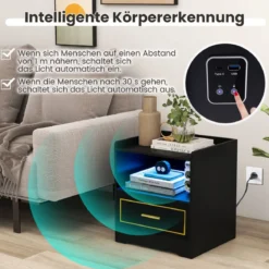 2er Set Nachttisch mit LED Licht USB-Anschluss und Typ-C-Ladestation Nachtschrank mit Bewegungssensor Schwarz
