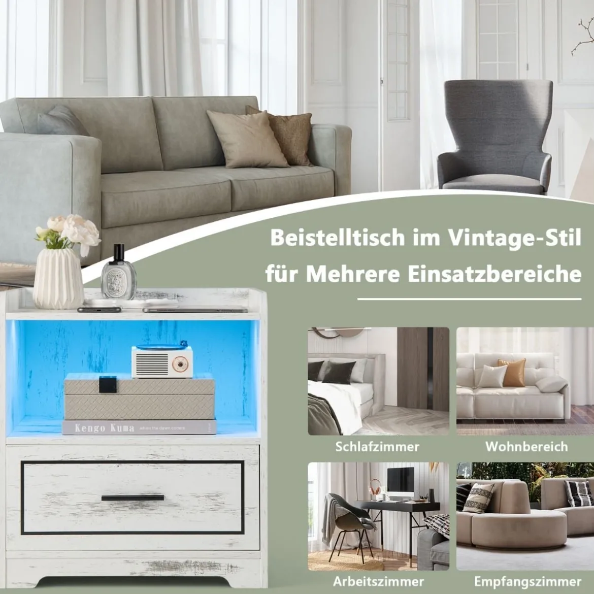 2er Set Nachttisch mit LED Licht USB-Anschluss und Typ-C-Ladestation Nachtschrank mit Bewegungssensor Weiß