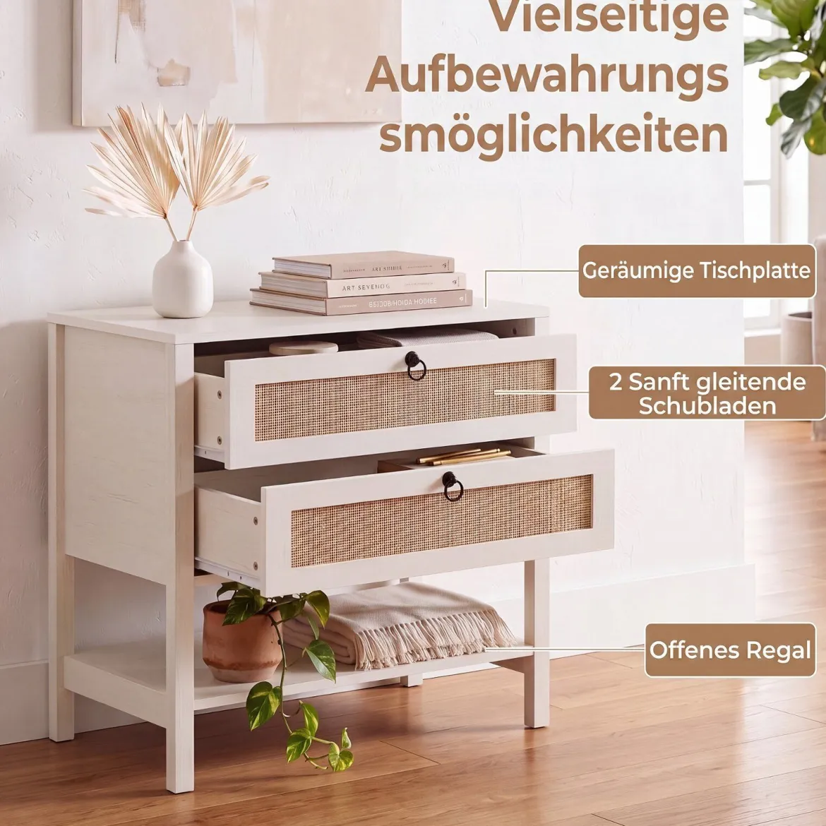 2er Set Nachttisch mit 2 Schubladen Offenem Regal & Rattan-Fronten 68 x 40 x 65 cm Weiß