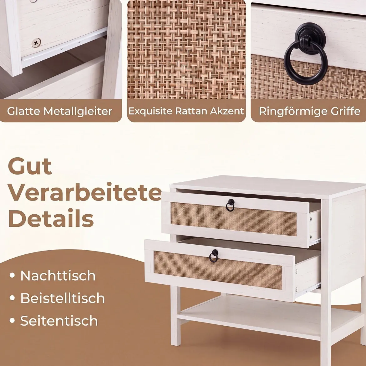 2er Set Nachttisch mit 2 Schubladen Offenem Regal & Rattan-Fronten 68 x 40 x 65 cm Weiß