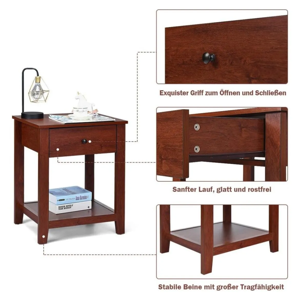 2er Set Nachttisch mit 1 Schublade & 1 offener Ablage Beistelltisch mit stabilen Holzbeinen 50 x 42 x 62cm Braun