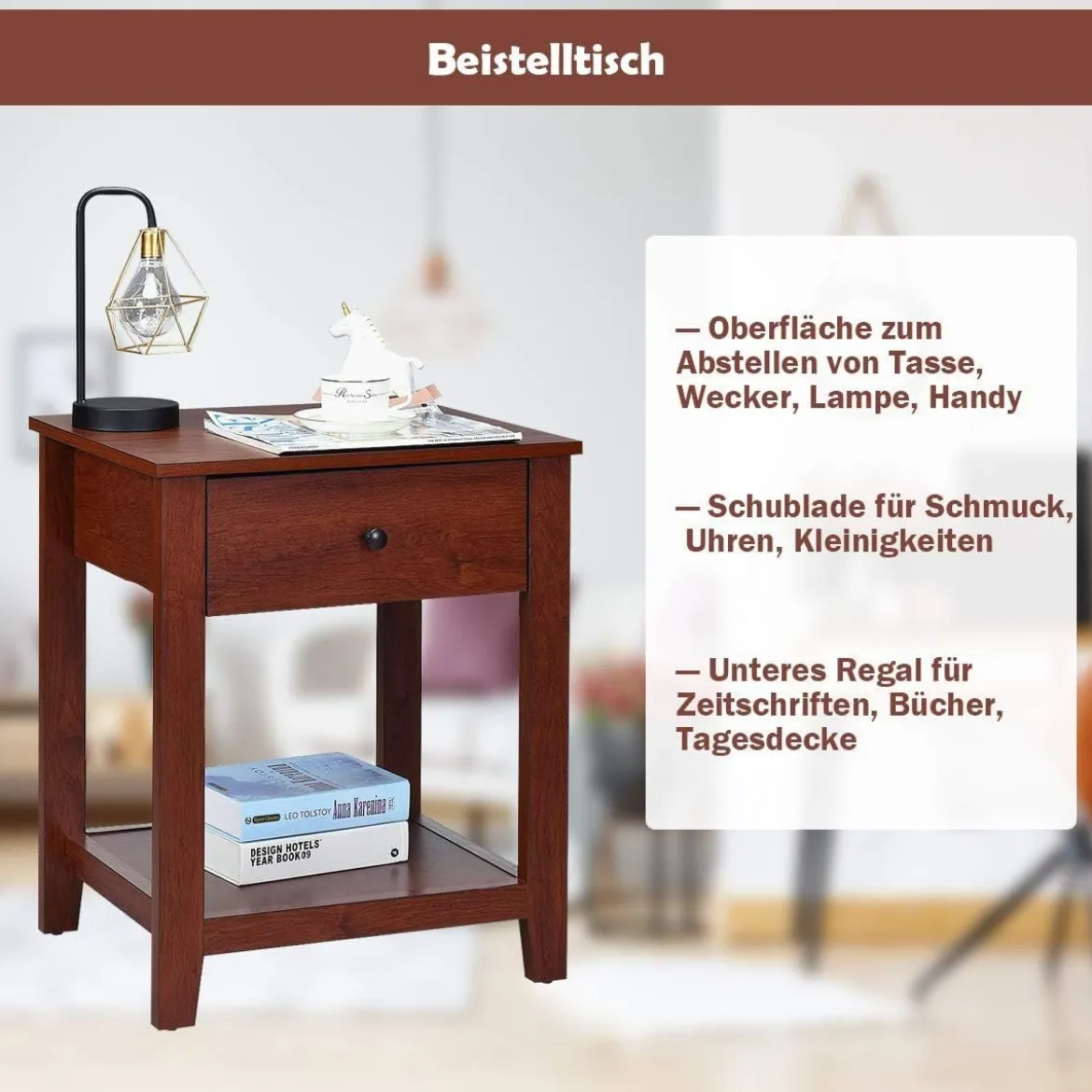 2er Set Nachttisch mit 1 Schublade & 1 offener Ablage Beistelltisch mit stabilen Holzbeinen 50 x 42 x 62cm Braun