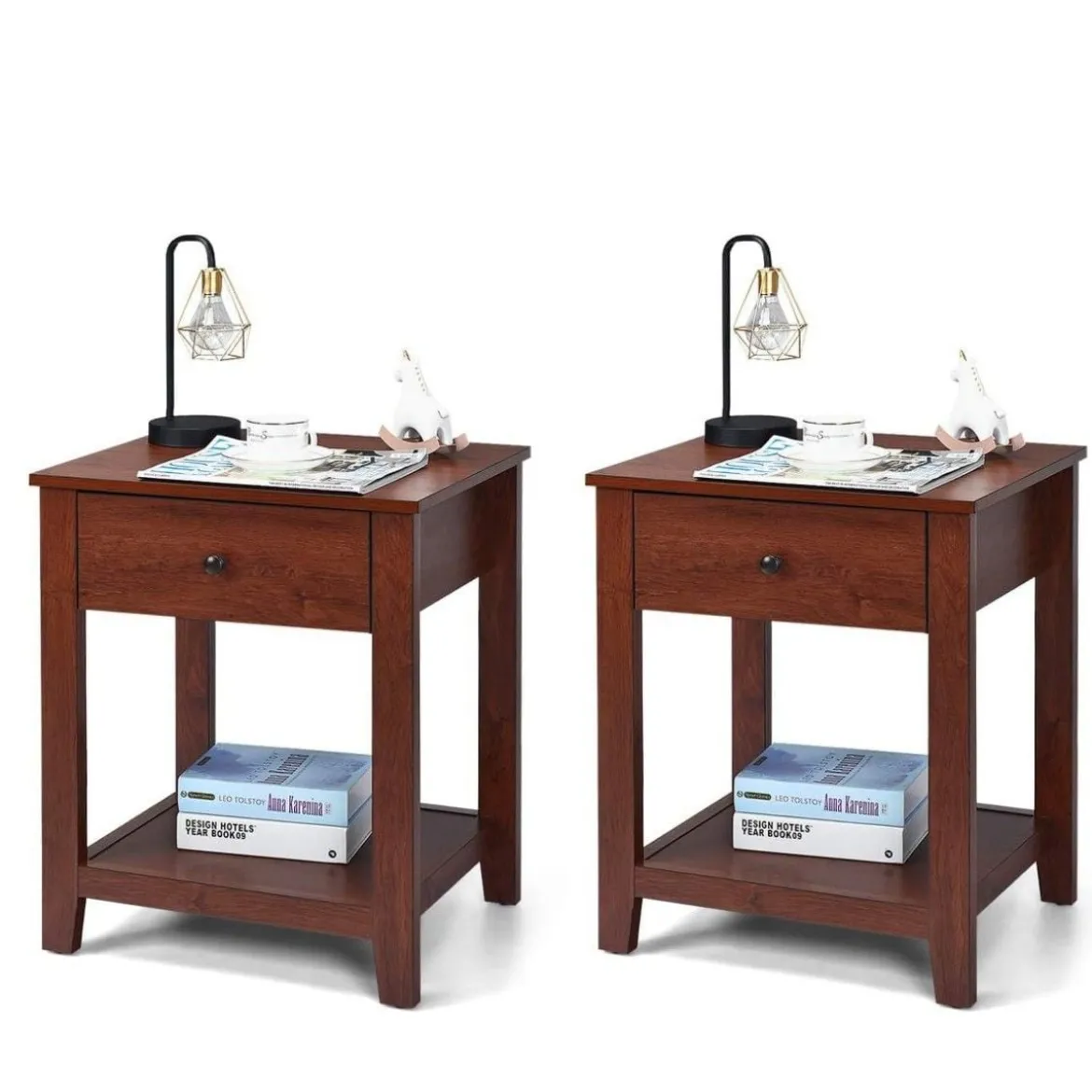 2er Set Nachttisch mit 1 Schublade & 1 offener Ablage Beistelltisch mit stabilen Holzbeinen 50 x 42 x 62cm Braun
