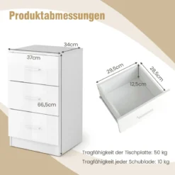 2er Set Nachttisch mit 3 Schubladen Nachtschrank 37,1 x 34,2 x 66,5 cm Weiß