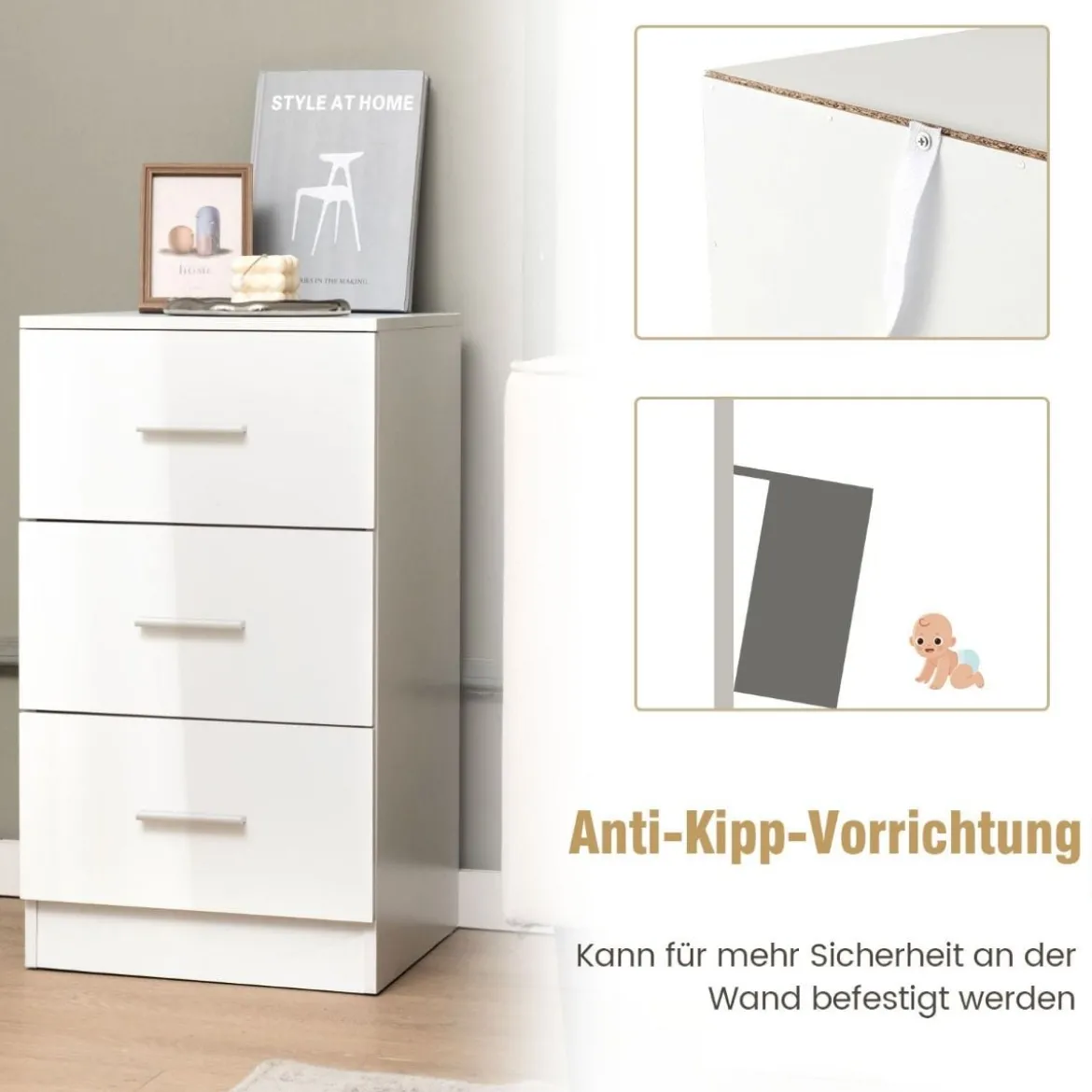 2er Set Nachttisch mit 3 Schubladen Nachtschrank 37,1 x 34,2 x 66,5 cm Weiß