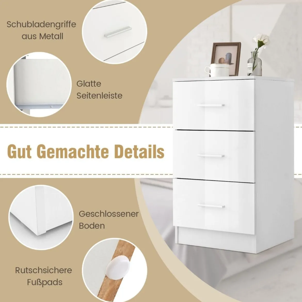 2er Set Nachttisch mit 3 Schubladen Nachtschrank 37,1 x 34,2 x 66,5 cm Weiß