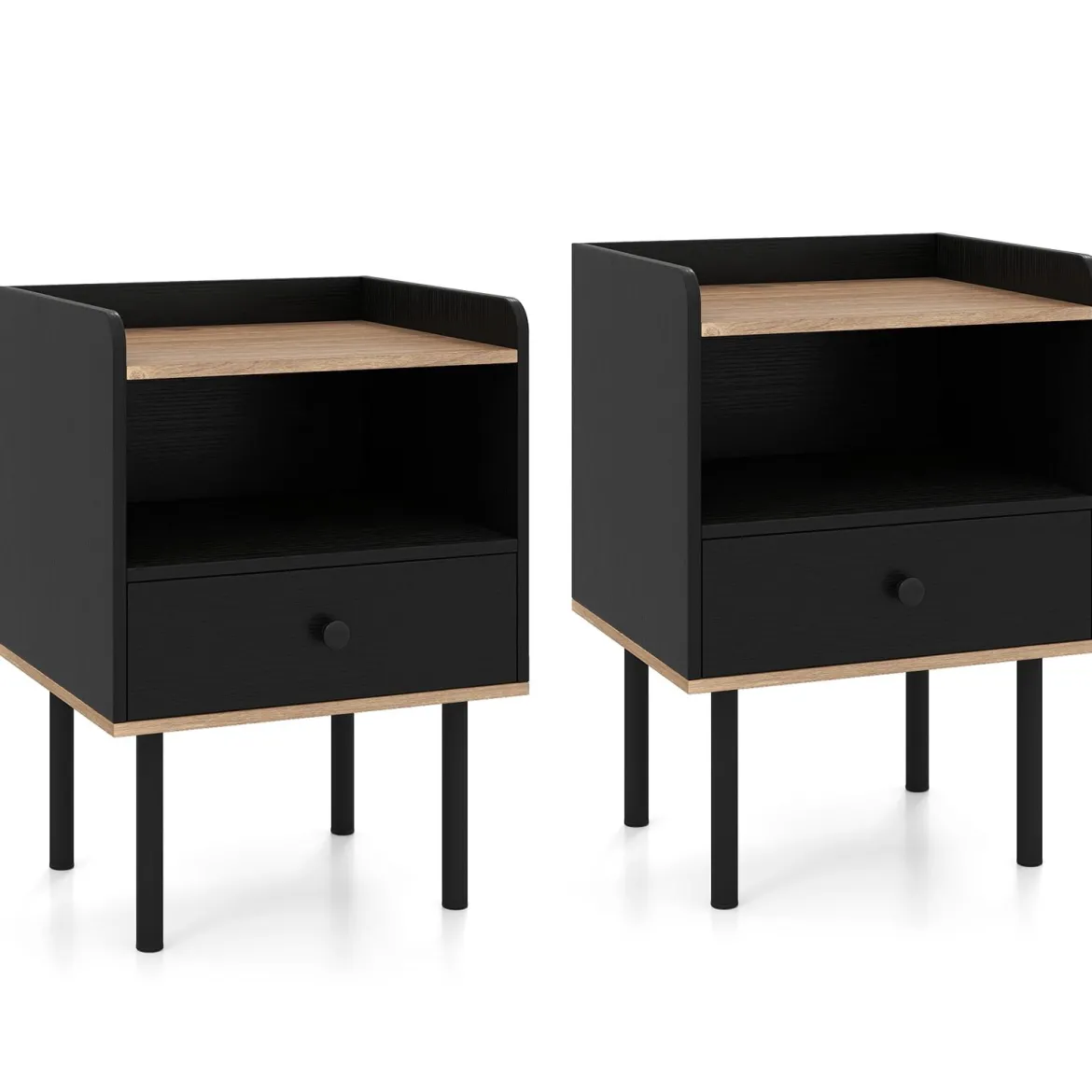 2er Set Nachttisch Nachttisch mit Schublade & offenem Ablagefach moderner Sofatisch mit Metallbeinen Schwarz