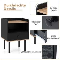 2er Set Nachttisch Nachttisch mit Schublade & offenem Ablagefach moderner Sofatisch mit Metallbeinen Schwarz