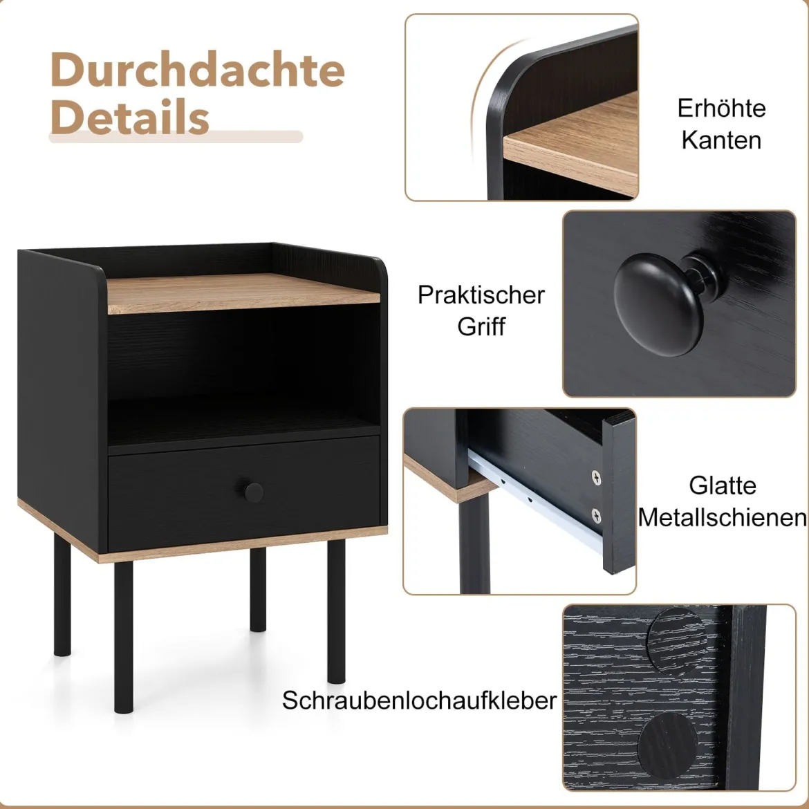 2er Set Nachttisch Nachttisch mit Schublade & offenem Ablagefach moderner Sofatisch mit Metallbeinen Schwarz