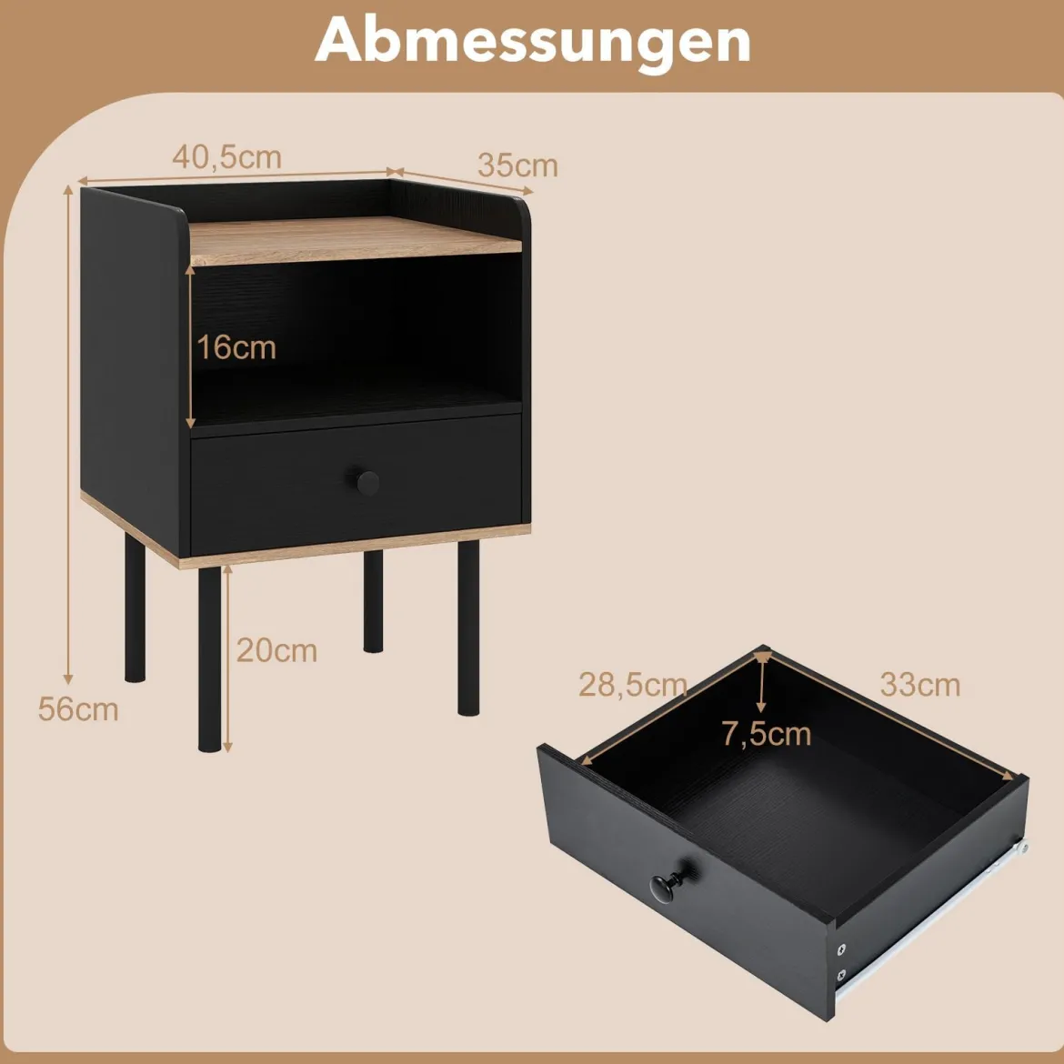 2er Set Nachttisch Nachttisch mit Schublade & offenem Ablagefach moderner Sofatisch mit Metallbeinen Schwarz