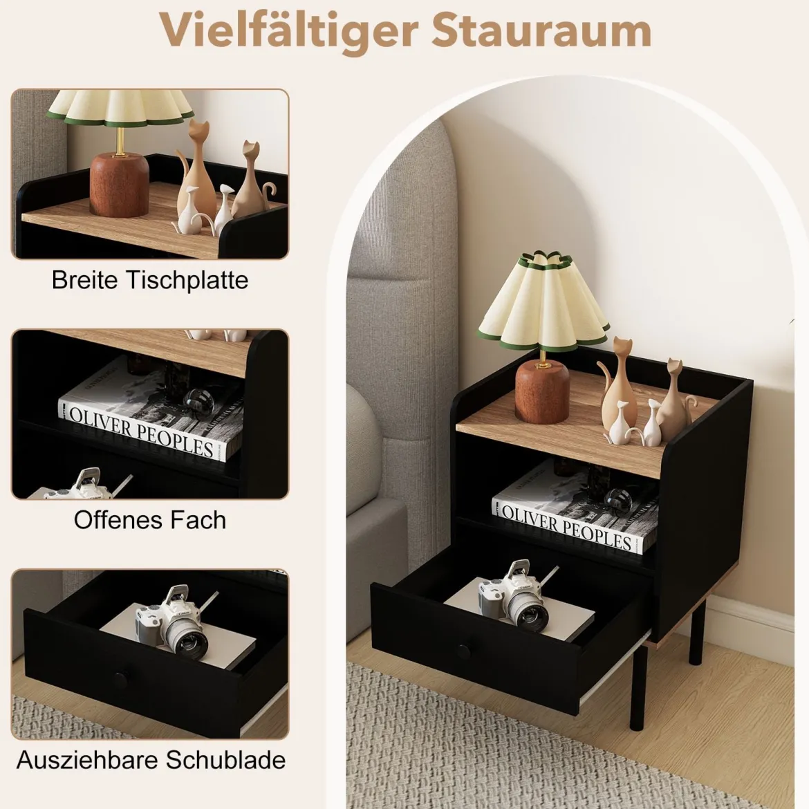 2er Set Nachttisch Nachttisch mit Schublade & offenem Ablagefach moderner Sofatisch mit Metallbeinen Schwarz