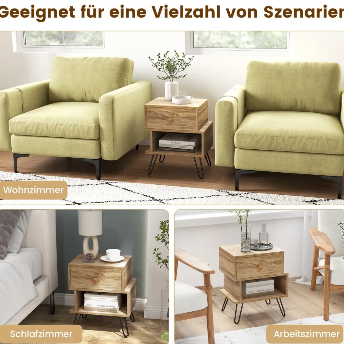 2er Set Nachttisch Set aus 2 Beistelltischen Holz multifunktionaler Natur