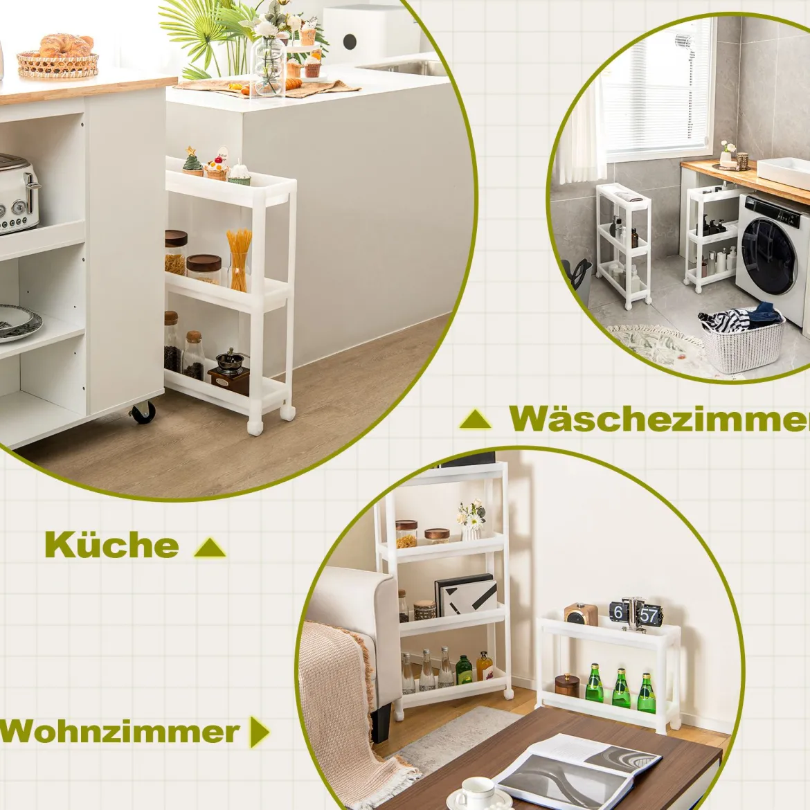 2er Set Nischenregal Schmal 3 Ebenen Rollwagen Weiß 53 x 17,5 x 70 cm
