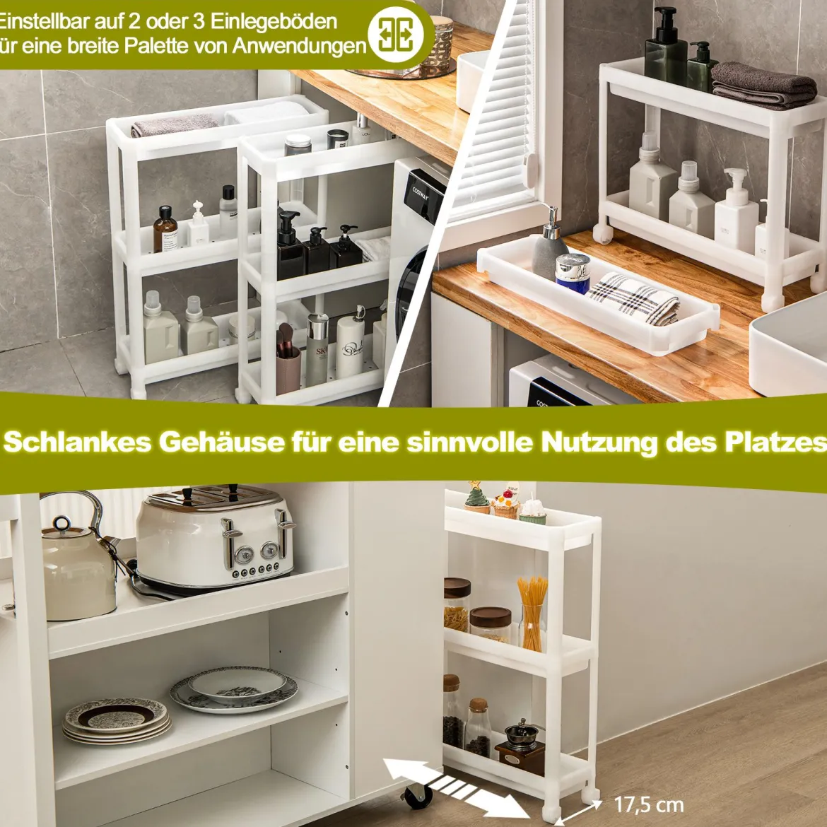 2er Set Nischenregal Schmal 3 Ebenen Rollwagen Weiß 53 x 17,5 x 70 cm