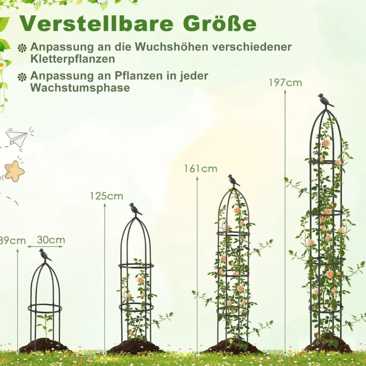 2er Set Obelisk Rankhilfe aus Beschichtetes Metall mit 4 Köpfe & 4 Verstellbare Höhe Rankgitter