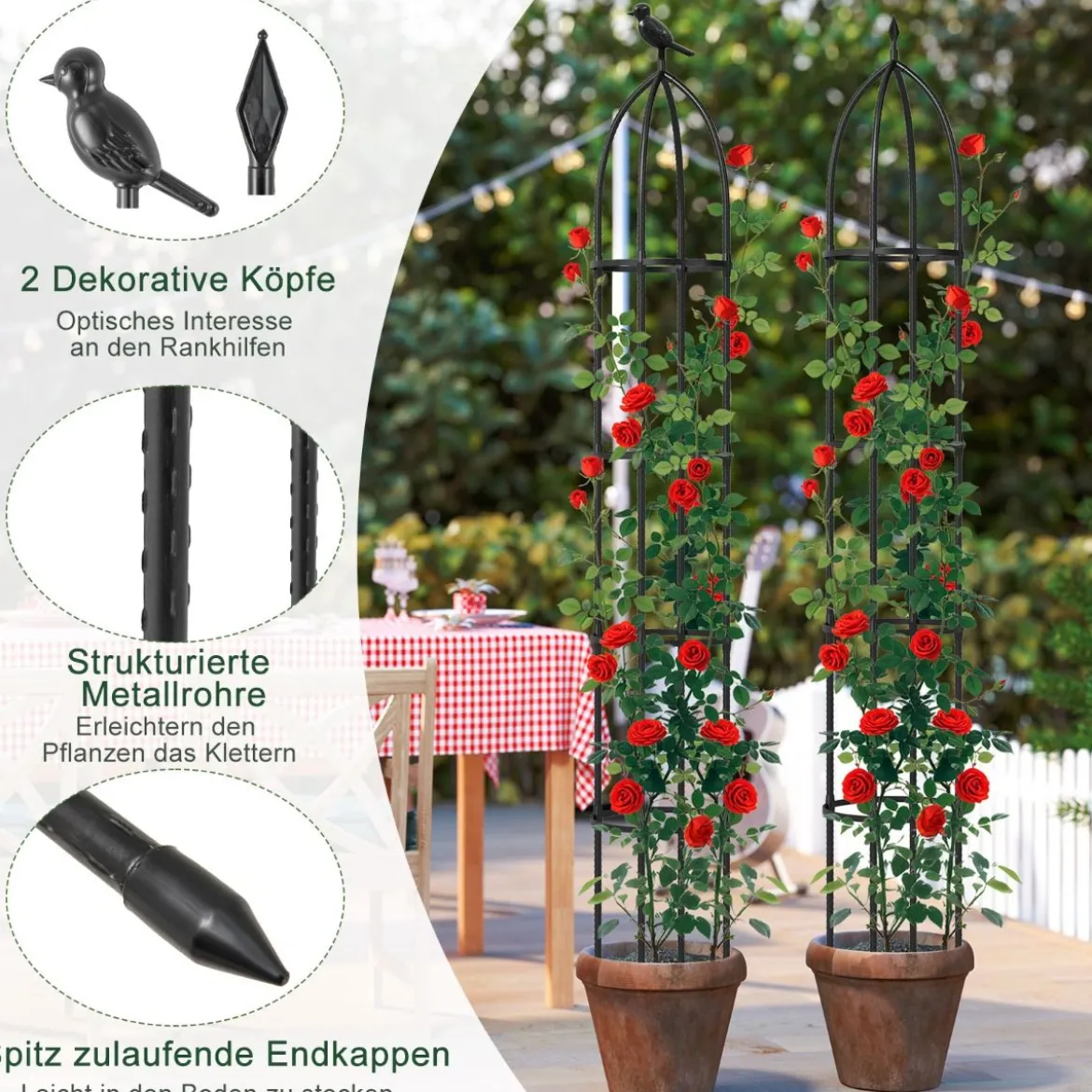 2er Set Obelisk Rankhilfe aus Beschichtetes Metall mit 4 Köpfe & 4 Verstellbare Höhe Rankgitter