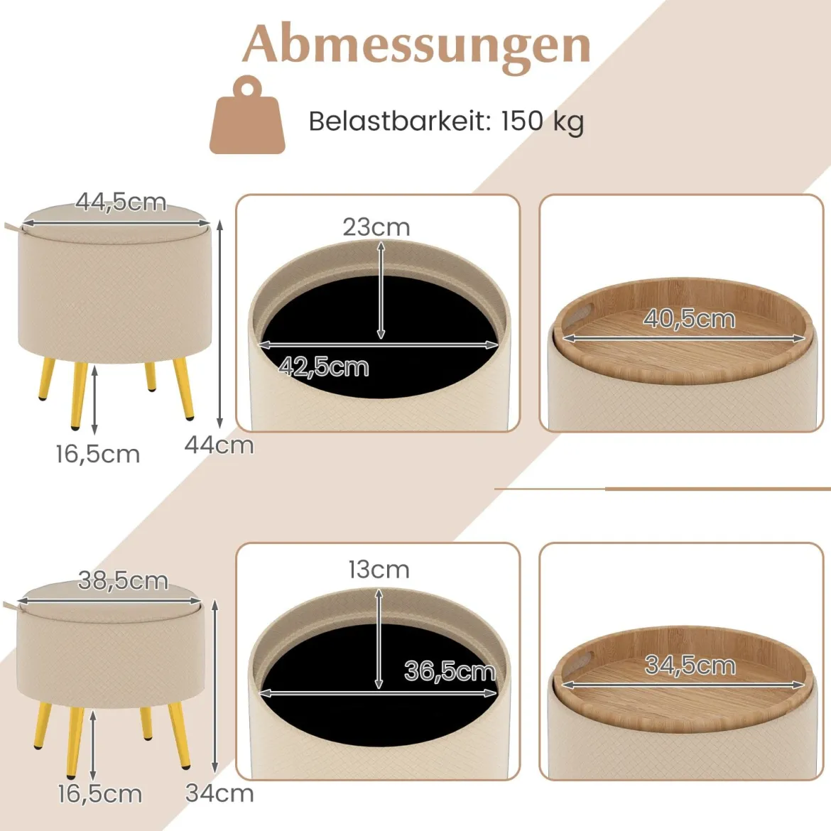 2er Set Ottomane mit Stauraum Kunstleder Rund Fußhocker mit klappbaren Tabletts Beige