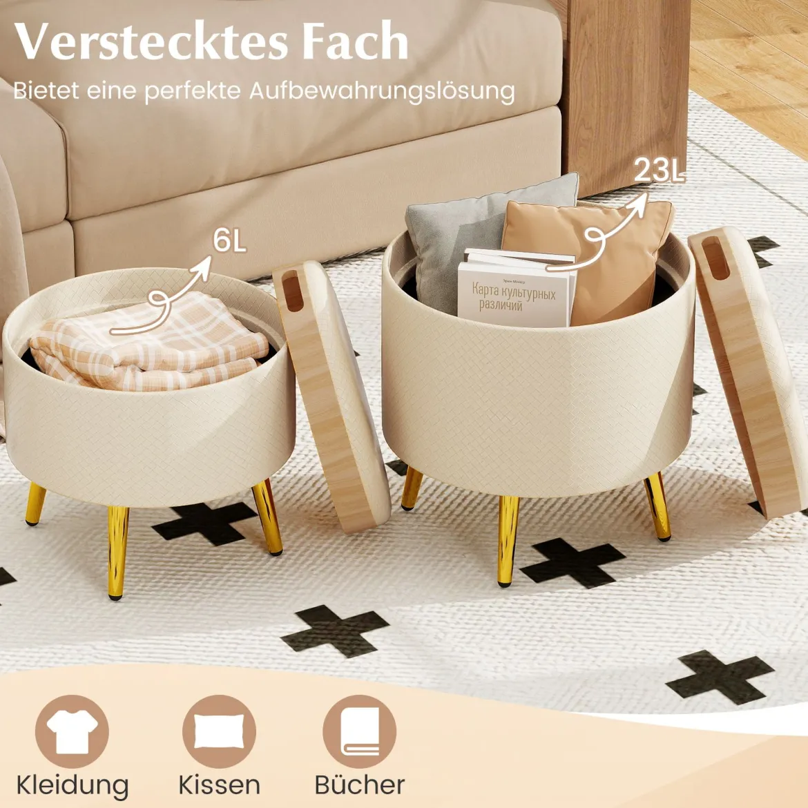 2er Set Ottomane mit Stauraum Kunstleder Rund Fußhocker mit klappbaren Tabletts Beige