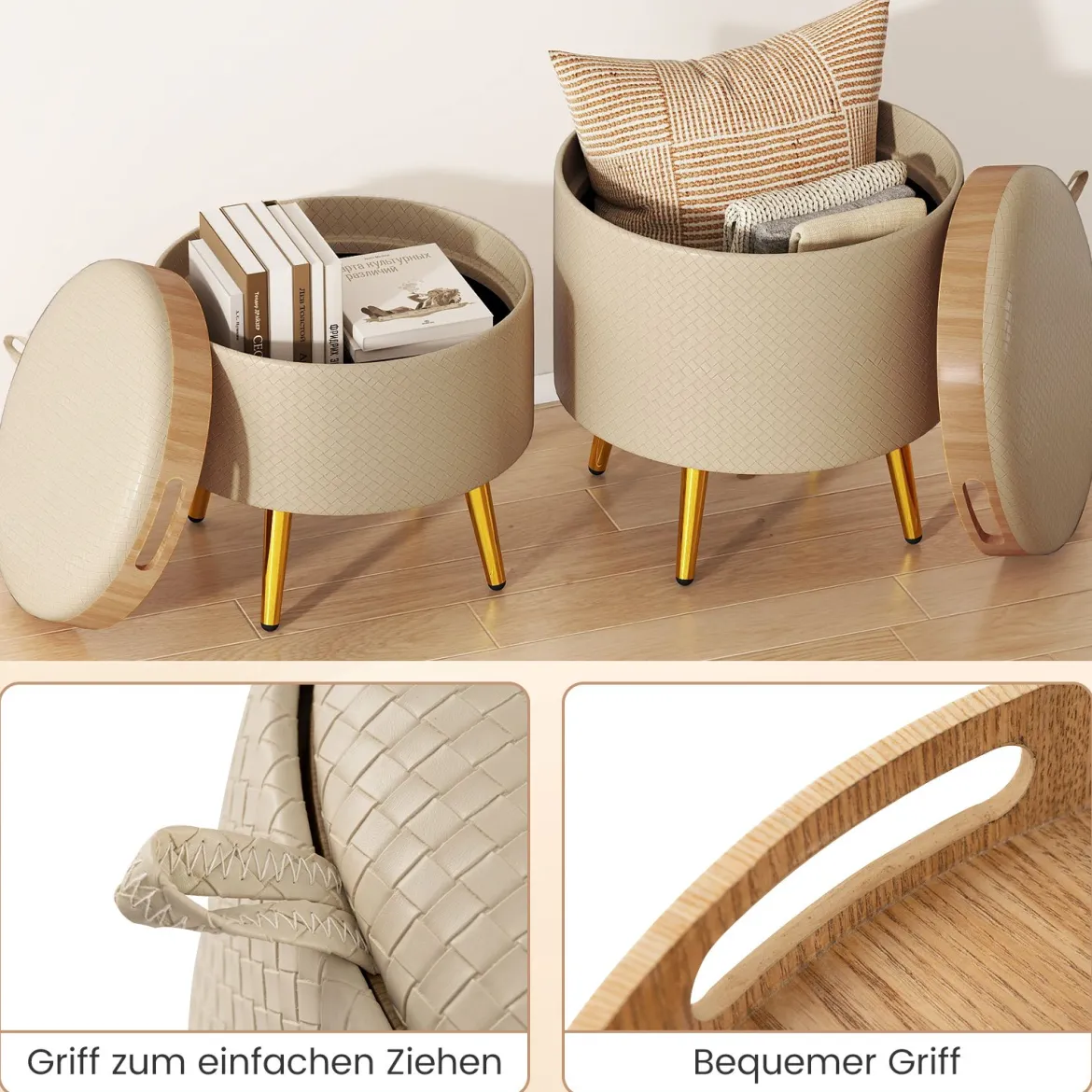 2er Set Ottomane mit Stauraum Kunstleder Rund Fußhocker mit klappbaren Tabletts Beige