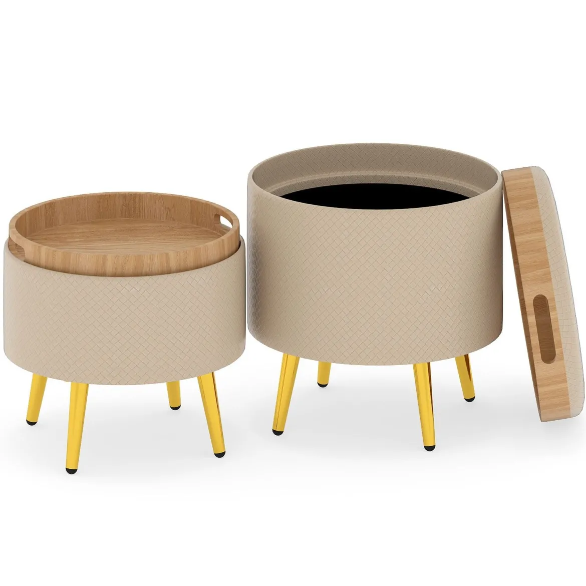 2er Set Ottomane mit Stauraum Kunstleder Rund Fußhocker mit klappbaren Tabletts Beige