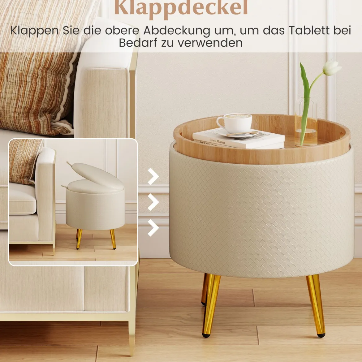 2er Set Ottomane mit Stauraum Kunstleder Rund Fußhocker mit klappbaren Tabletts Beige