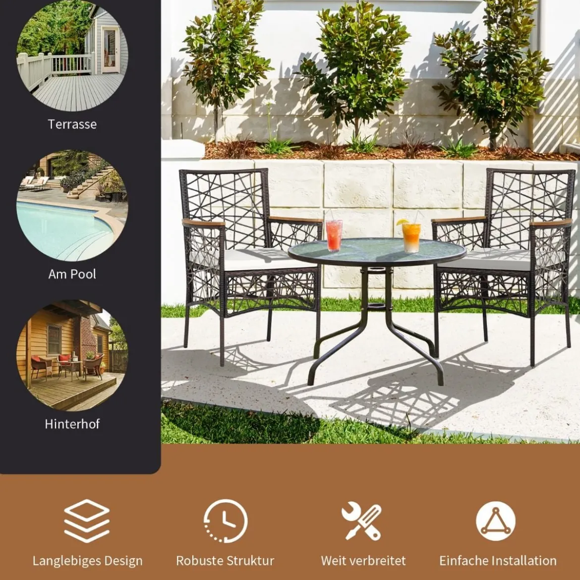 2er-Set Outdoor-Esszimmerstühle Allwetter-PE-Bistrostühle 61 x 58,5 x 89 cm Braun