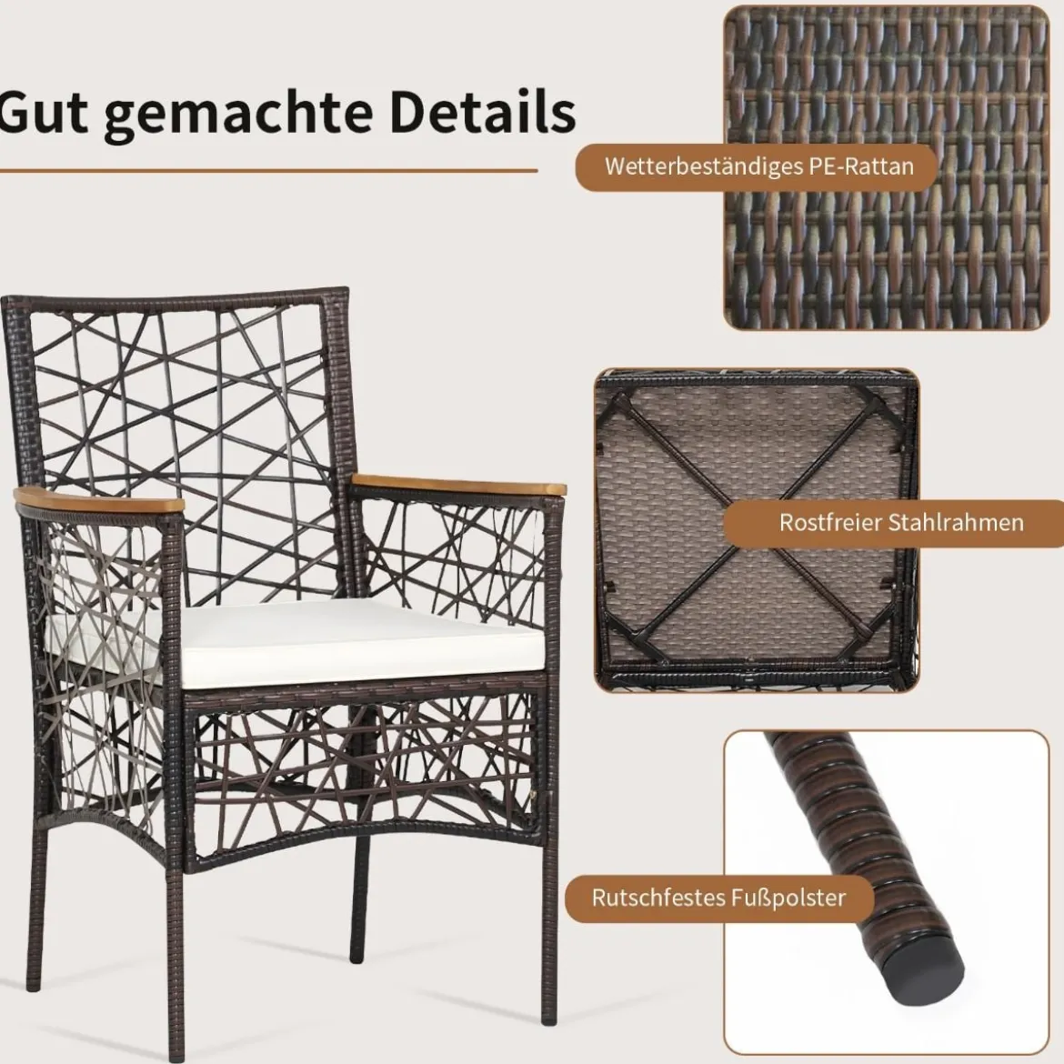 2er-Set Outdoor-Esszimmerstühle Allwetter-PE-Bistrostühle 61 x 58,5 x 89 cm Braun