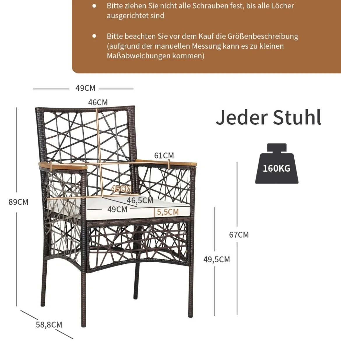 2er-Set Outdoor-Esszimmerstühle Allwetter-PE-Bistrostühle 61 x 58,5 x 89 cm Braun