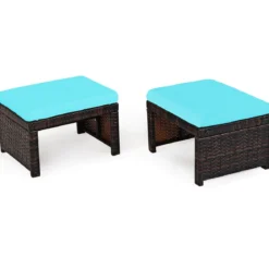 2er set outdoor fußstütze mit kissen Rattan Ottomanen Terrassenhocker 49 x 40 x 33 cm Türkis