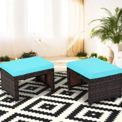 2er set outdoor fußstütze mit kissen Rattan Ottomanen Terrassenhocker 49 x 40 x 33 cm Türkis