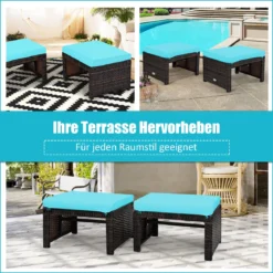 2er set outdoor fußstütze mit kissen Rattan Ottomanen Terrassenhocker 49 x 40 x 33 cm Türkis