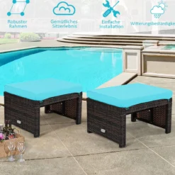 2er set outdoor fußstütze mit kissen Rattan Ottomanen Terrassenhocker 49 x 40 x 33 cm Türkis