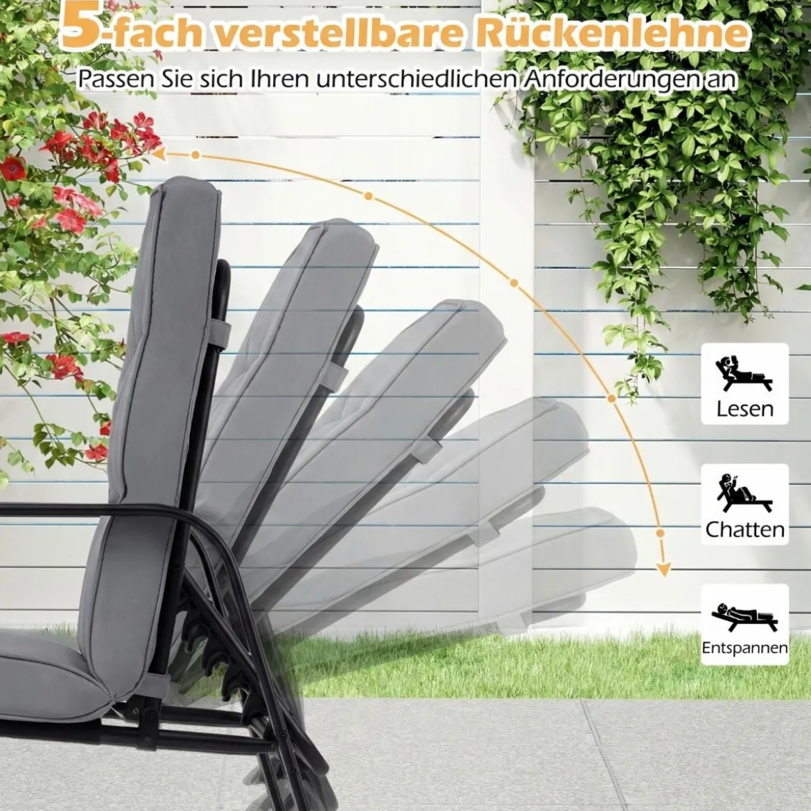 2er-Set Patio Stühle Verstellbare Rückenlehnen mit 5 Stufen Abnehmbare Kissen und Metallarmlehnen Grau