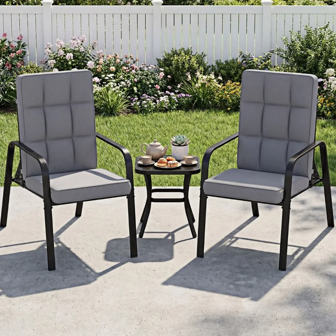 2er-Set Patio Stühle Verstellbare Rückenlehnen mit 5 Stufen Abnehmbare Kissen und Metallarmlehnen Grau