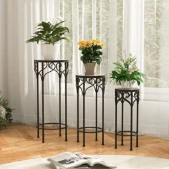 3er Set Pflanzenständer aus Metall dekorativer Blumenhalter mit Keramikplatte 49 cm 59 cm & 71 cm Höhe
