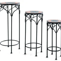 3er Set Pflanzenständer aus Metall dekorativer Blumenhalter mit Keramikplatte 49 cm 59 cm & 71 cm Höhe