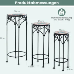 3er Set Pflanzenständer aus Metall dekorativer Blumenhalter mit Keramikplatte 49 cm 59 cm & 71 cm Höhe