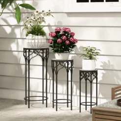 3er Set Pflanzenständer aus Metall dekorativer Blumenhalter mit Keramikplatte 49 cm 59 cm & 71 cm Höhe