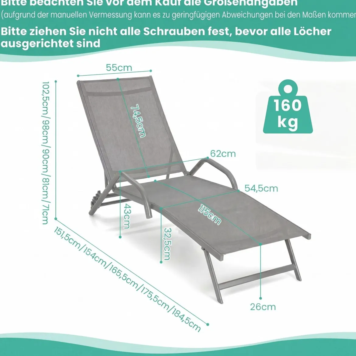 2er Set 5-Position Verstellbare Terrasse-Lounges mit Atmungsaktivem Sitz für Outdoor Grau