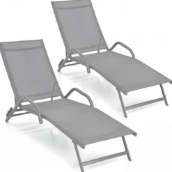 2er Set 5-Position Verstellbare Terrasse-Lounges mit Atmungsaktivem Sitz für Outdoor Grau