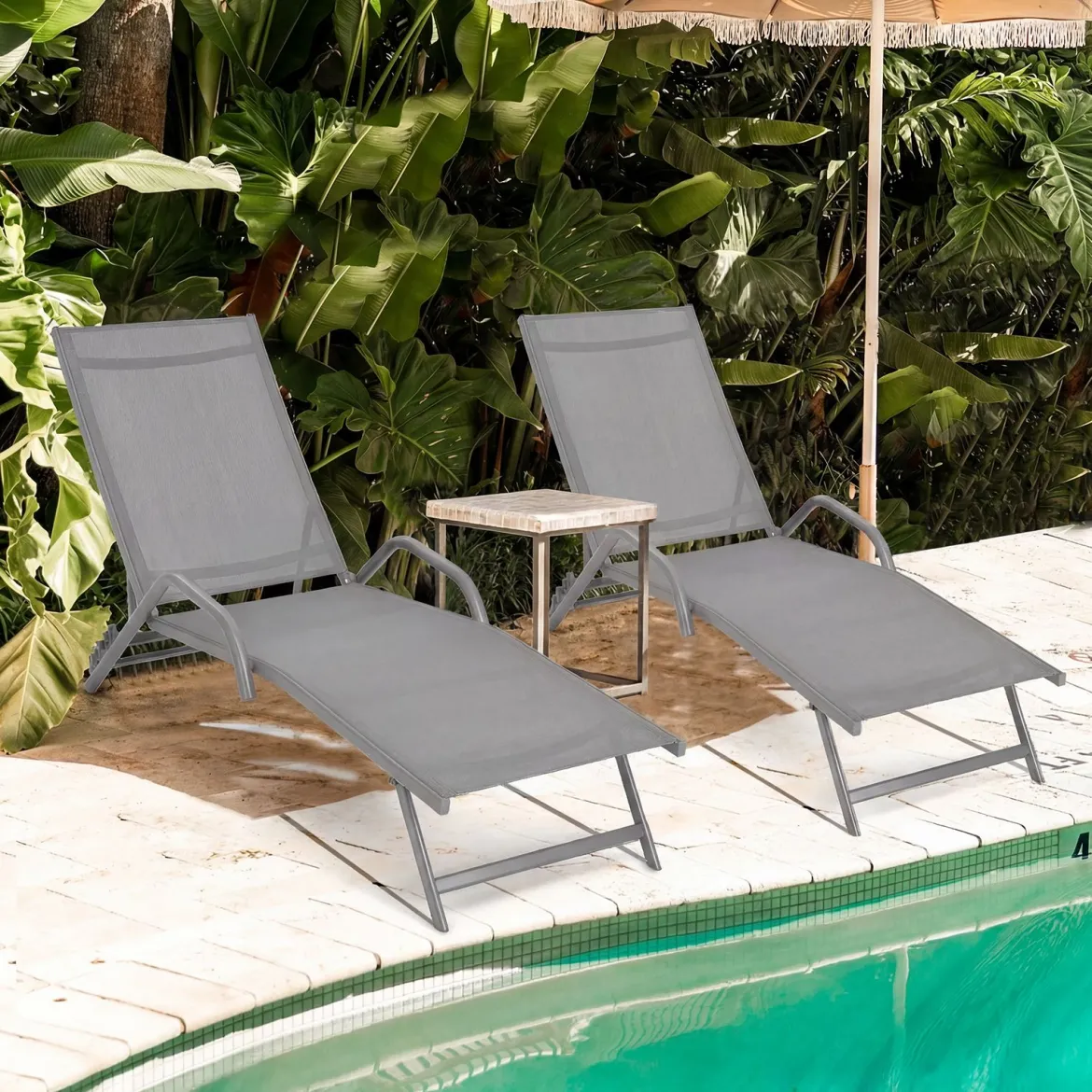 2er Set 5-Position Verstellbare Terrasse-Lounges mit Atmungsaktivem Sitz für Outdoor Grau